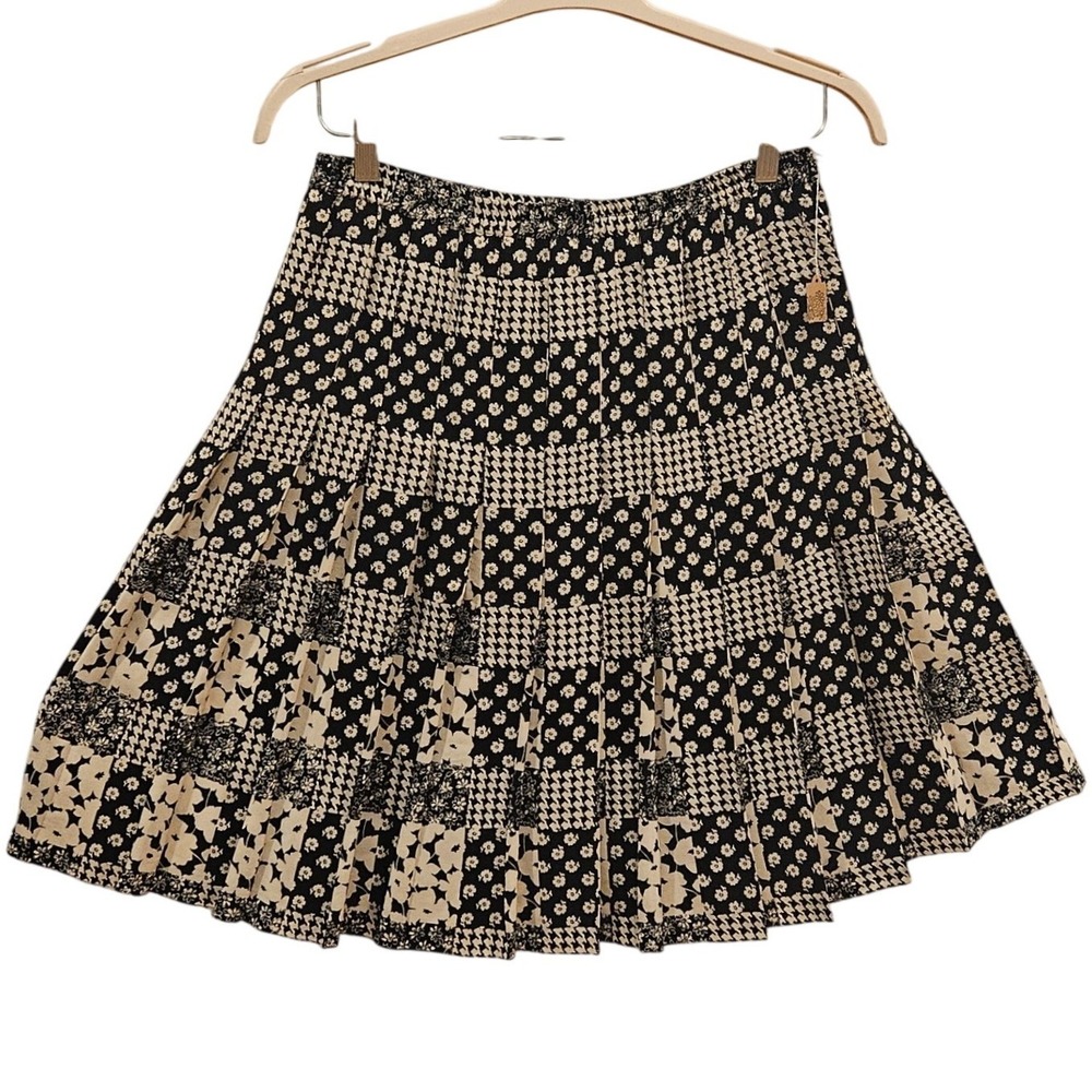 Silkβ Pleated Skirt Black Cream Floral Houndstooth Mixed Print Size 8 RN 61839